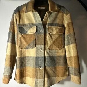C by one Tan/Grey Grid Coat/Jacket Shacket Thick Synthetic Wool Size M